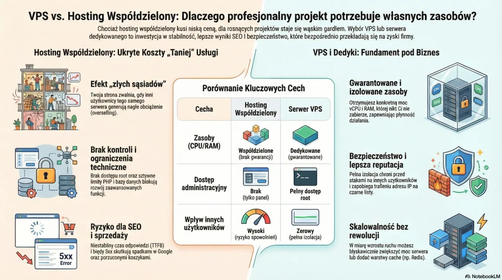 Infografika: VPS vs Hosting Wspołdzielony. Dlaczego profesjonalny projekt potrzebuje własnych zasobów?